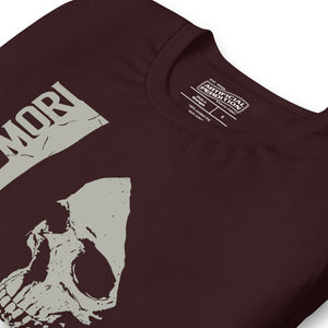 Cracked skull illustration in tombstone grey with vertical Memento Mori text and Remember Death translation, Artificial Perdition apparel