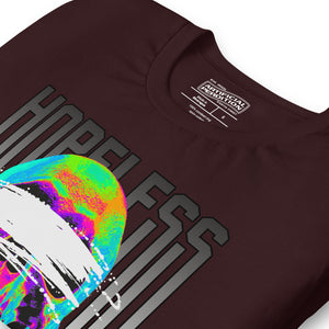 Blindfolded skull in thermal heat-map colors with bold chrome HOPELESS text, psychological horror design, Artificial Perdition apparel