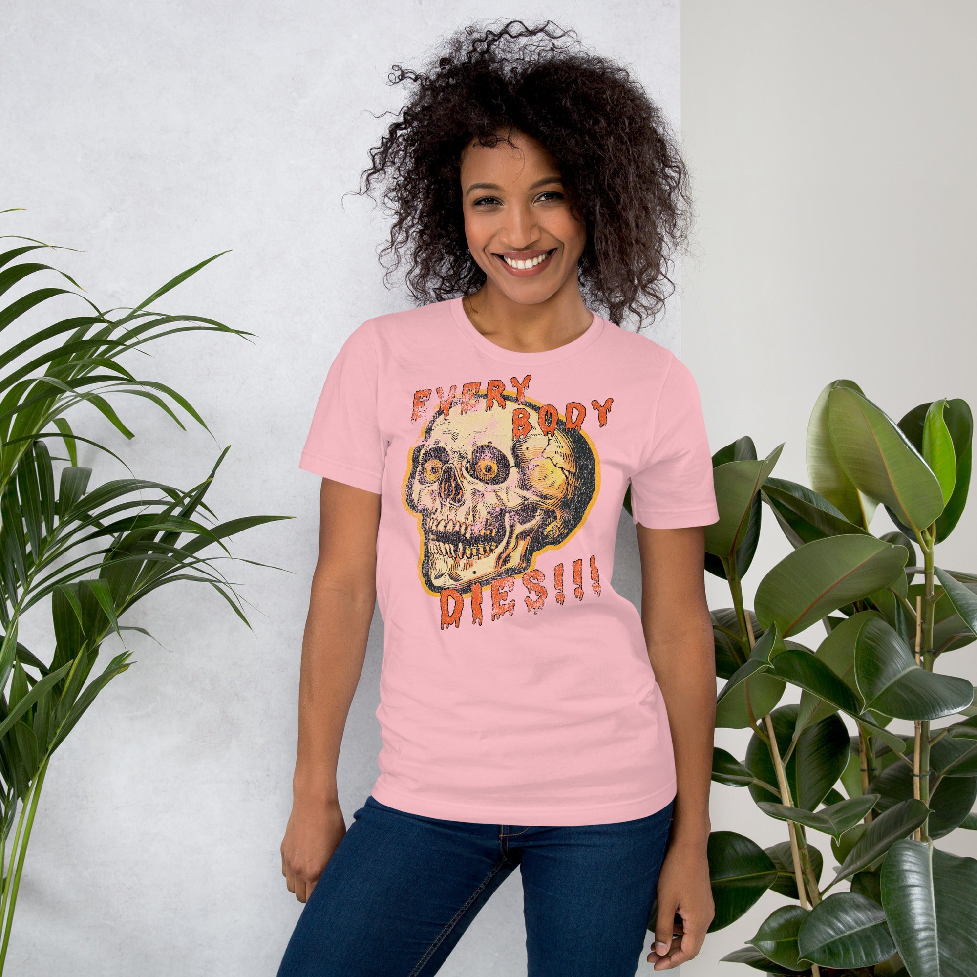 Die-cut skull with amber eyes and dripping orange horror font reading EVERY BODY DIES, vintage pulp style, Artificial Perdition apparel