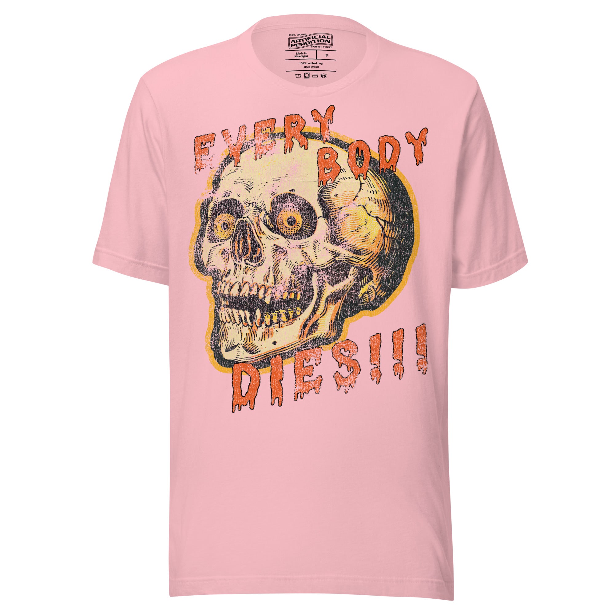 Die-cut skull with amber eyes and dripping orange horror font reading EVERY BODY DIES, vintage pulp style, Artificial Perdition apparel