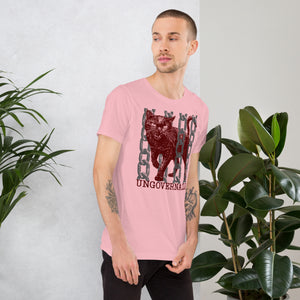 Snarling cat breaking through chains with UNGOVERNABLE text, dithered halftone red on cream, Artificial Perdition apparel