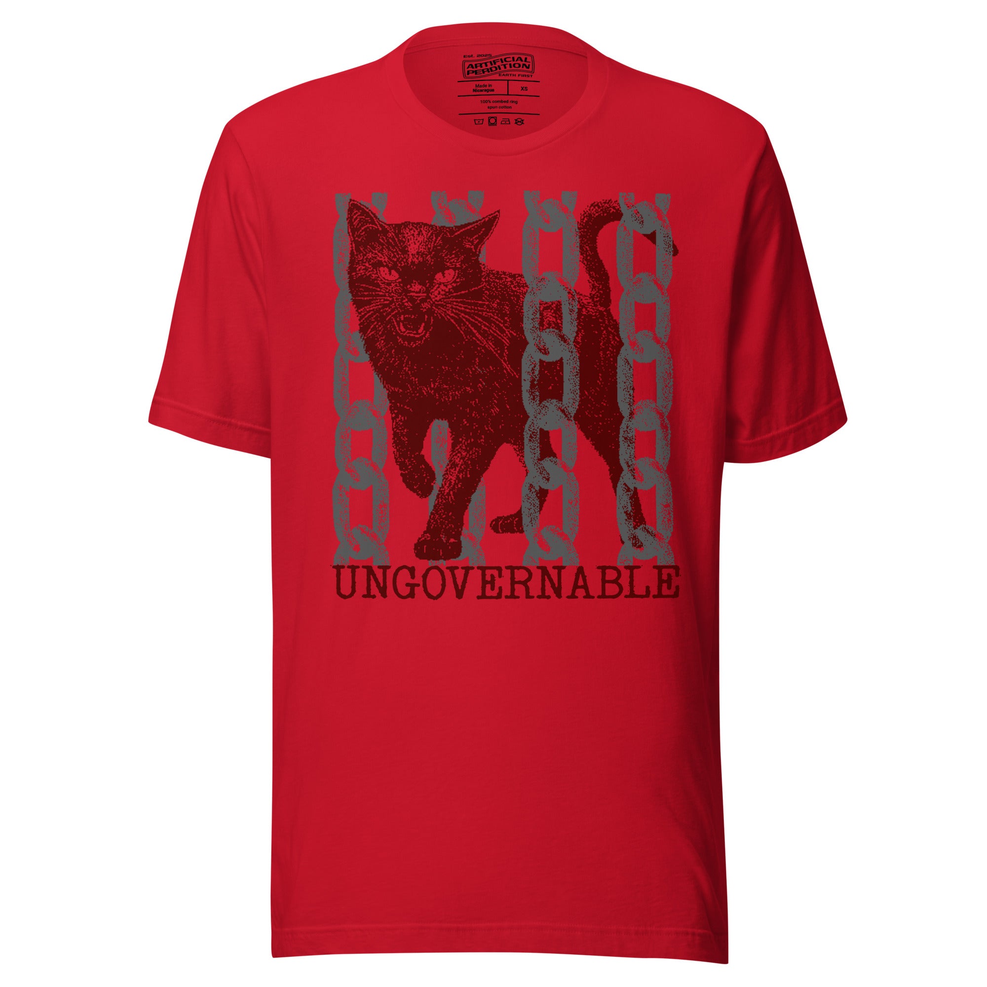 Product mockupSnarling cat breaking through chains with UNGOVERNABLE text, dithered halftone red on cream, Artificial Perdition apparel