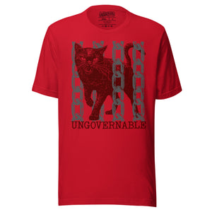 Product mockupSnarling cat breaking through chains with UNGOVERNABLE text, dithered halftone red on cream, Artificial Perdition apparel