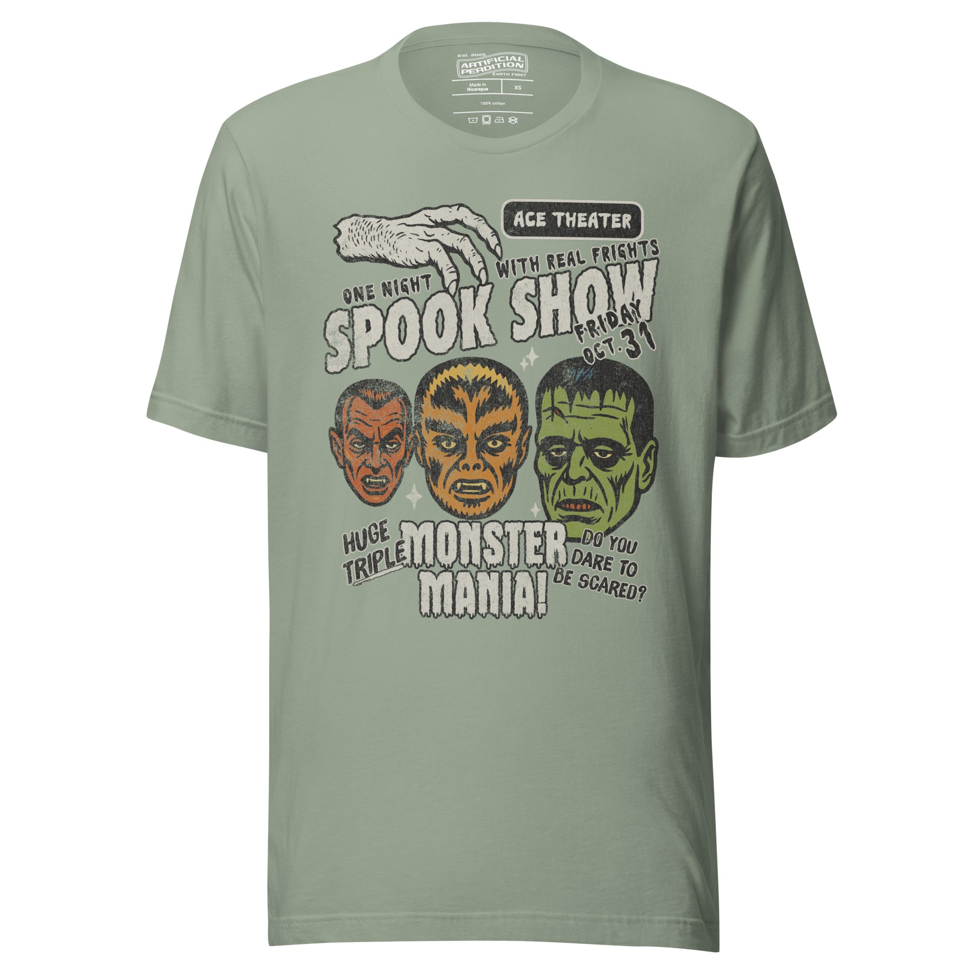 Vintage spook show poster front print with three classic monster faces, Ace Theater and Monster Mania text, distressed style on black, Artificial Perdition apparel
