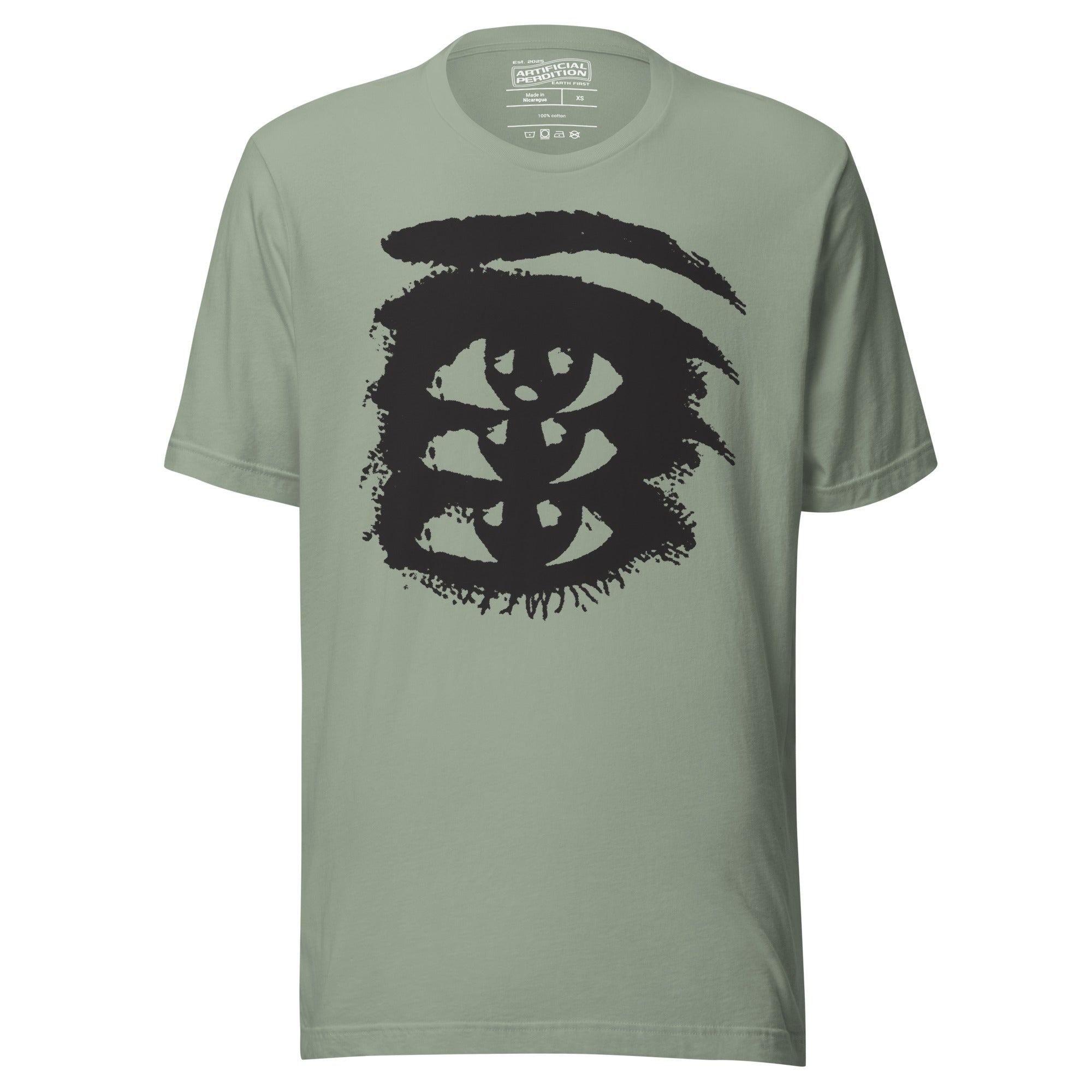 Rough ink brush stroke eye illustration in black and white, Thousand Yard Stare, high contrast graphic design, Artificial Perdition apparel