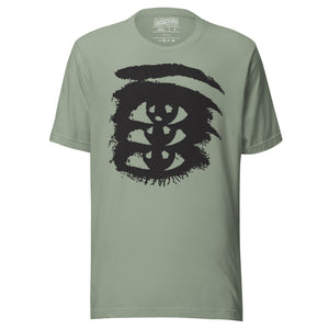 Rough ink brush stroke eye illustration in black and white, Thousand Yard Stare, high contrast graphic design, Artificial Perdition apparel