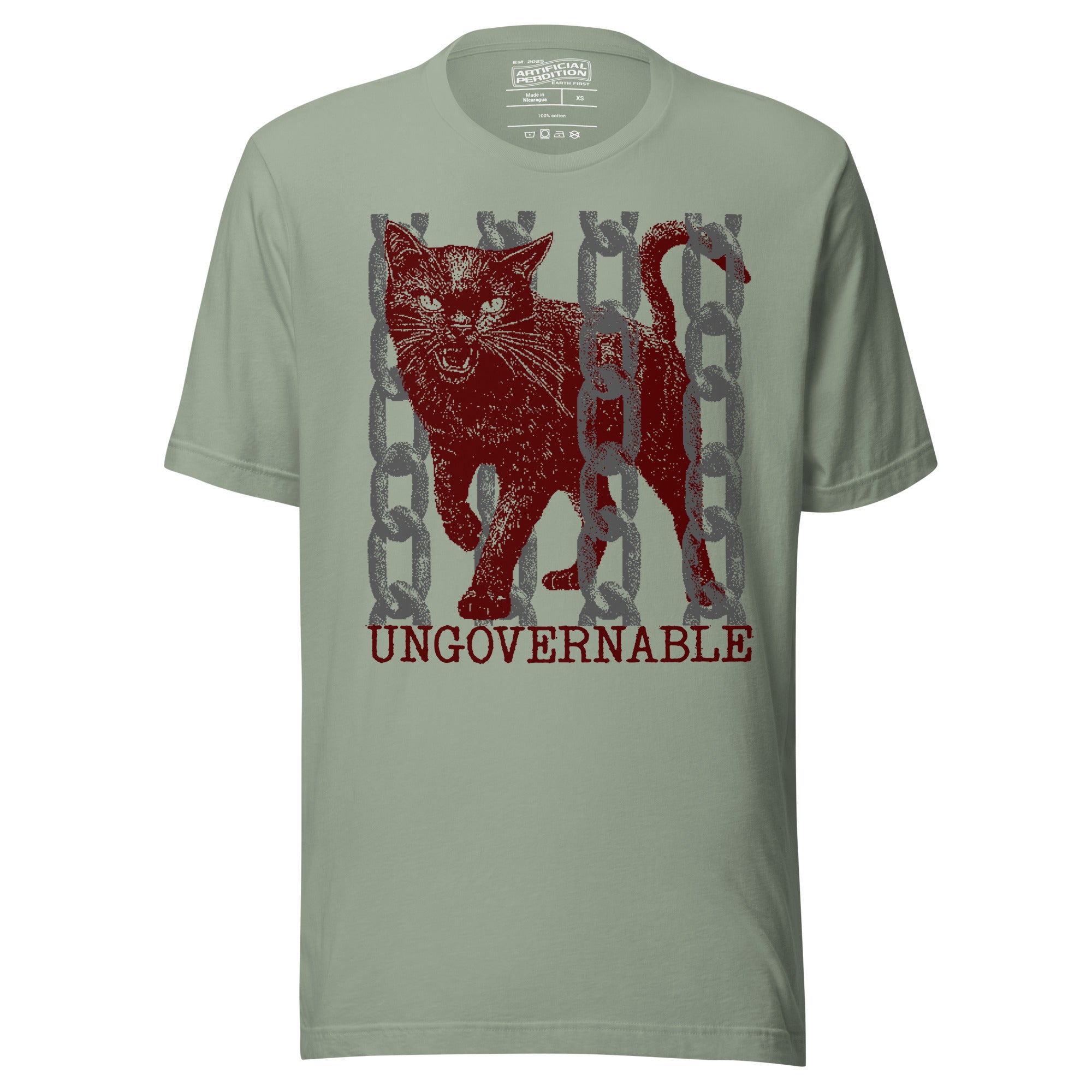 Product mockupSnarling cat breaking through chains with UNGOVERNABLE text, dithered halftone red on cream, Artificial Perdition apparel