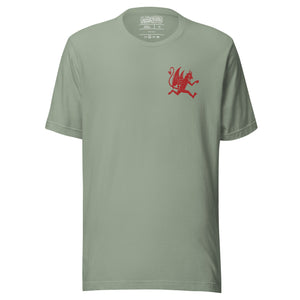 Artificial Perdition devil mascot, red illustrated devil mid-stride with trident and brand name, hand-drawn style on black, official logo tee