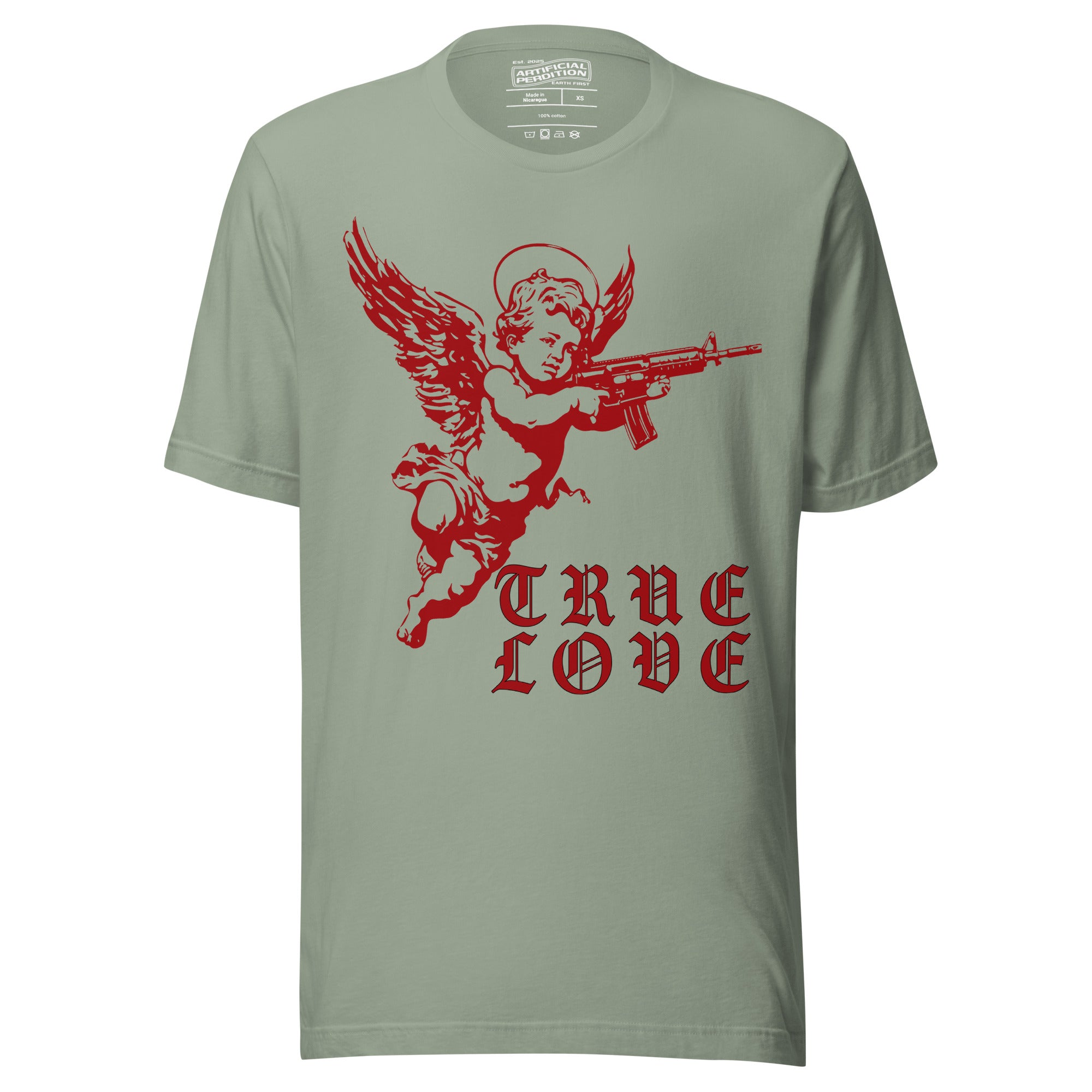 Product mockupRed cherub angel with halo aiming rifle above blackletter True Love text, dark ironic tattoo flash style, Artificial Perdition apparel