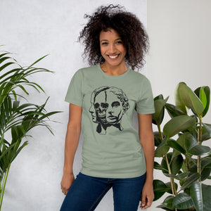 Split face illustration, half classical sculpture bust and half skull, black and white high contrast, Dead Inside, Artificial Perdition apparel