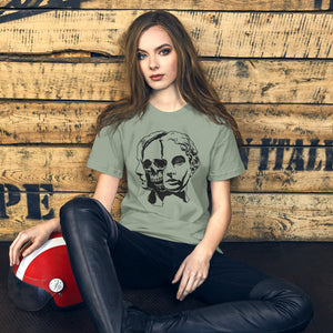 Split face illustration, half classical sculpture bust and half skull, black and white high contrast, Dead Inside, Artificial Perdition apparel