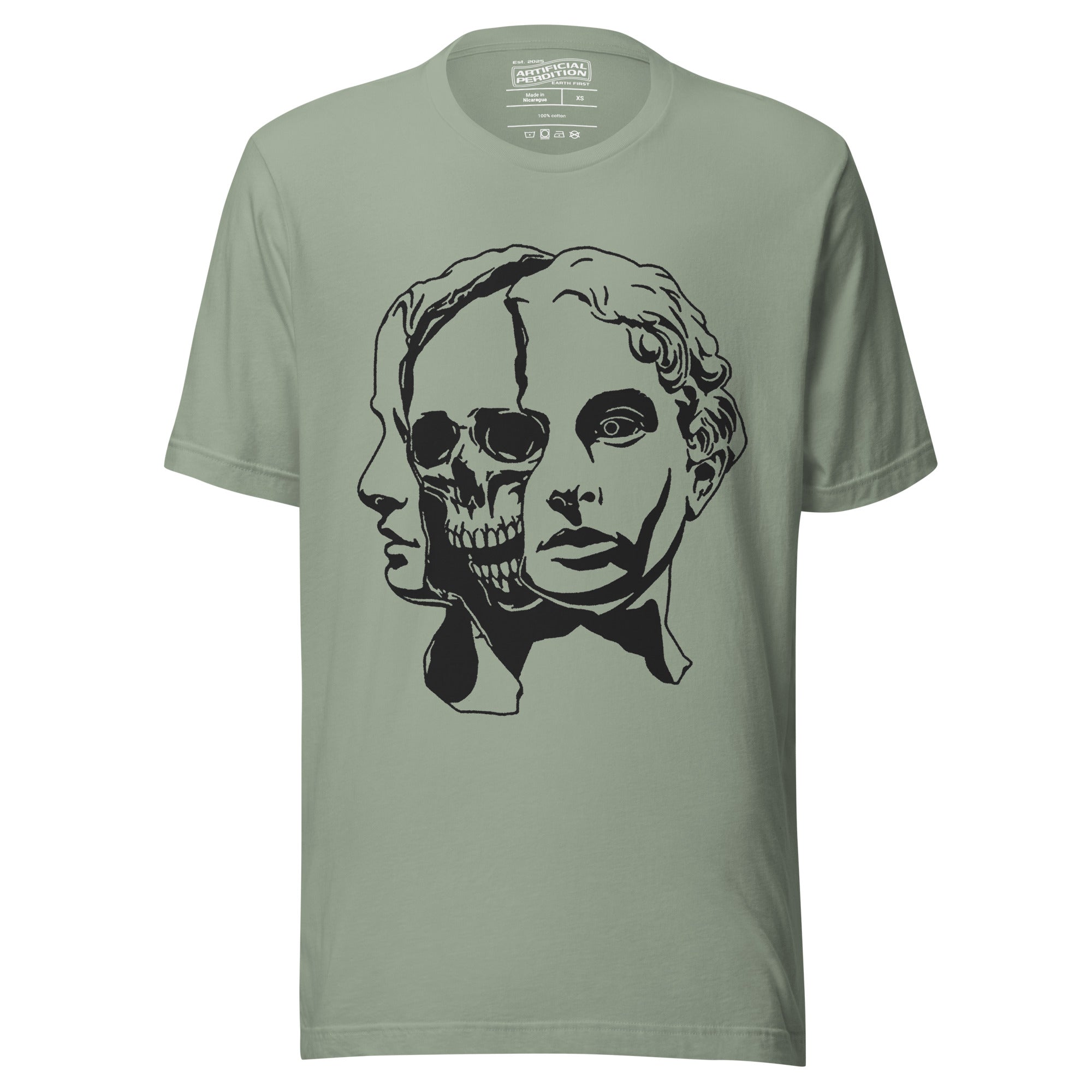 Split face illustration, half classical sculpture bust and half skull, black and white high contrast, Dead Inside, Artificial Perdition apparel