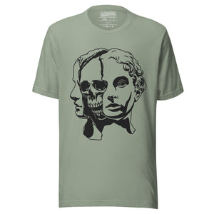Split face illustration, half classical sculpture bust and half skull, black and white high contrast, Dead Inside, Artificial Perdition apparel