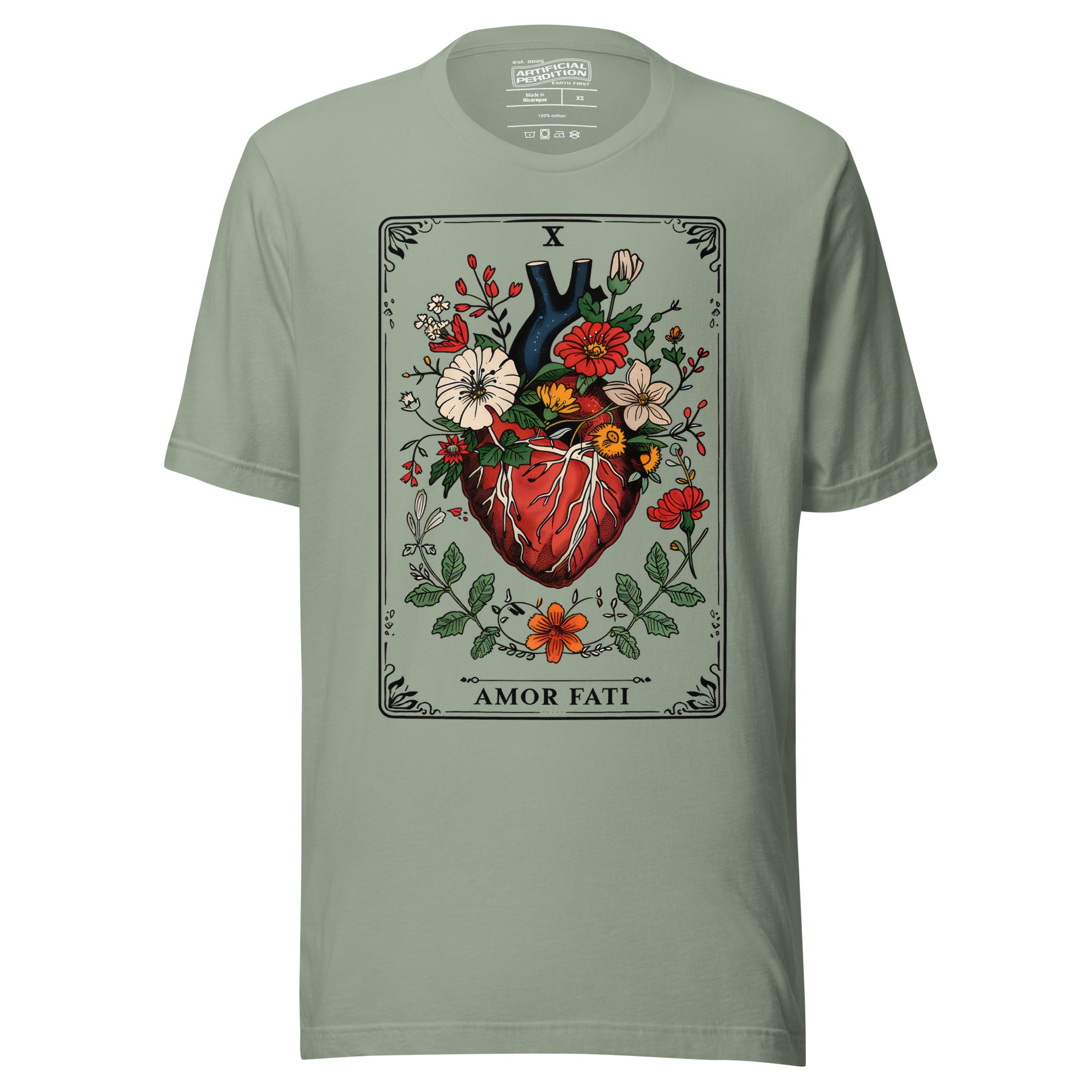 Tarot card illustration numbered X with an anatomical heart in bloom surrounded by wildflowers and vines, Amor Fati, Artificial Perdition apparel