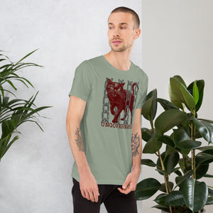 Product mockupSnarling cat breaking through chains with UNGOVERNABLE text, dithered halftone red on cream, Artificial Perdition apparel