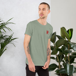 Artificial Perdition devil mascot, red illustrated devil mid-stride with trident and brand name, hand-drawn style on black, official logo tee