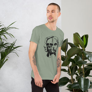 Split face illustration, half classical sculpture bust and half skull, black and white high contrast, Dead Inside, Artificial Perdition apparel