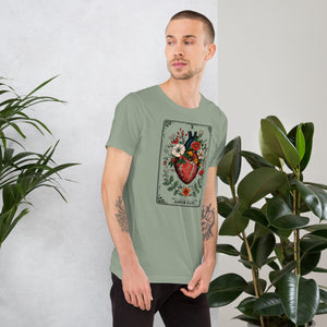 Tarot card illustration numbered X with an anatomical heart in bloom surrounded by wildflowers and vines, Amor Fati, Artificial Perdition apparel