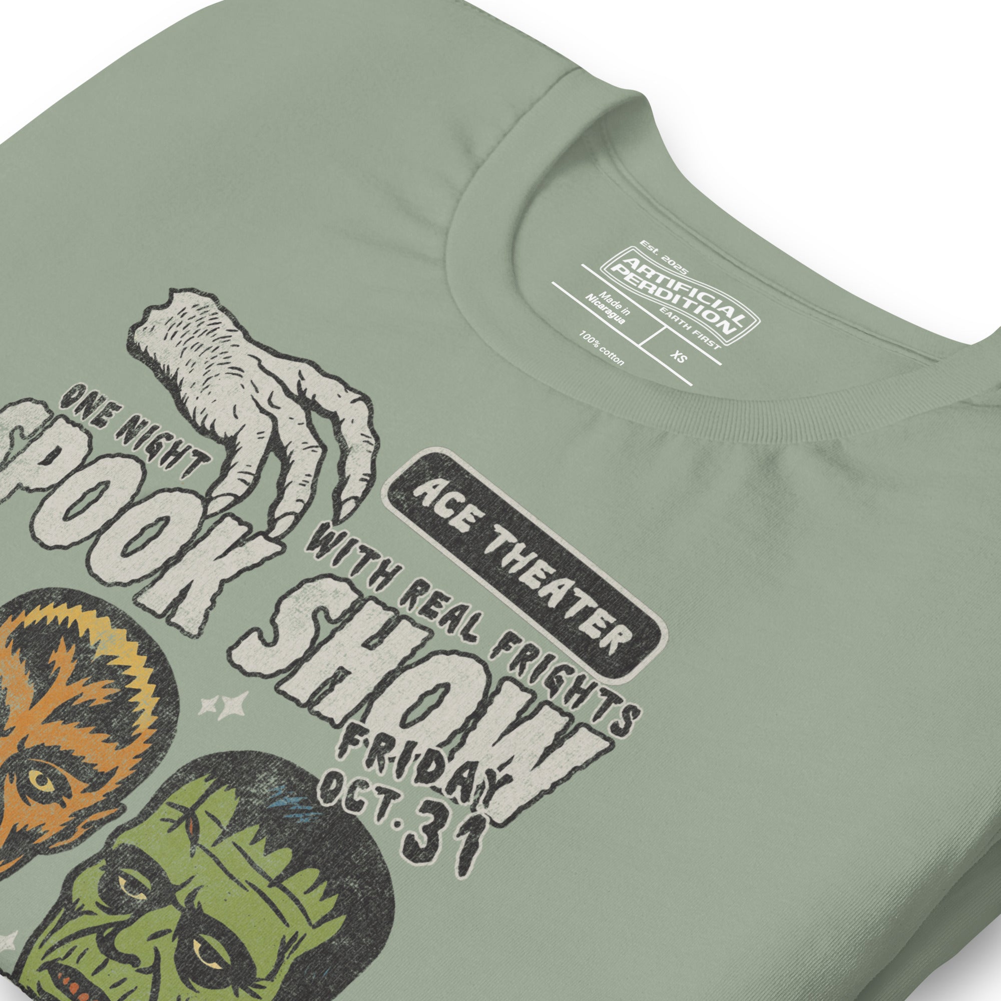 Vintage spook show poster front print with three classic monster faces, Ace Theater and Monster Mania text, distressed style on black, Artificial Perdition apparel