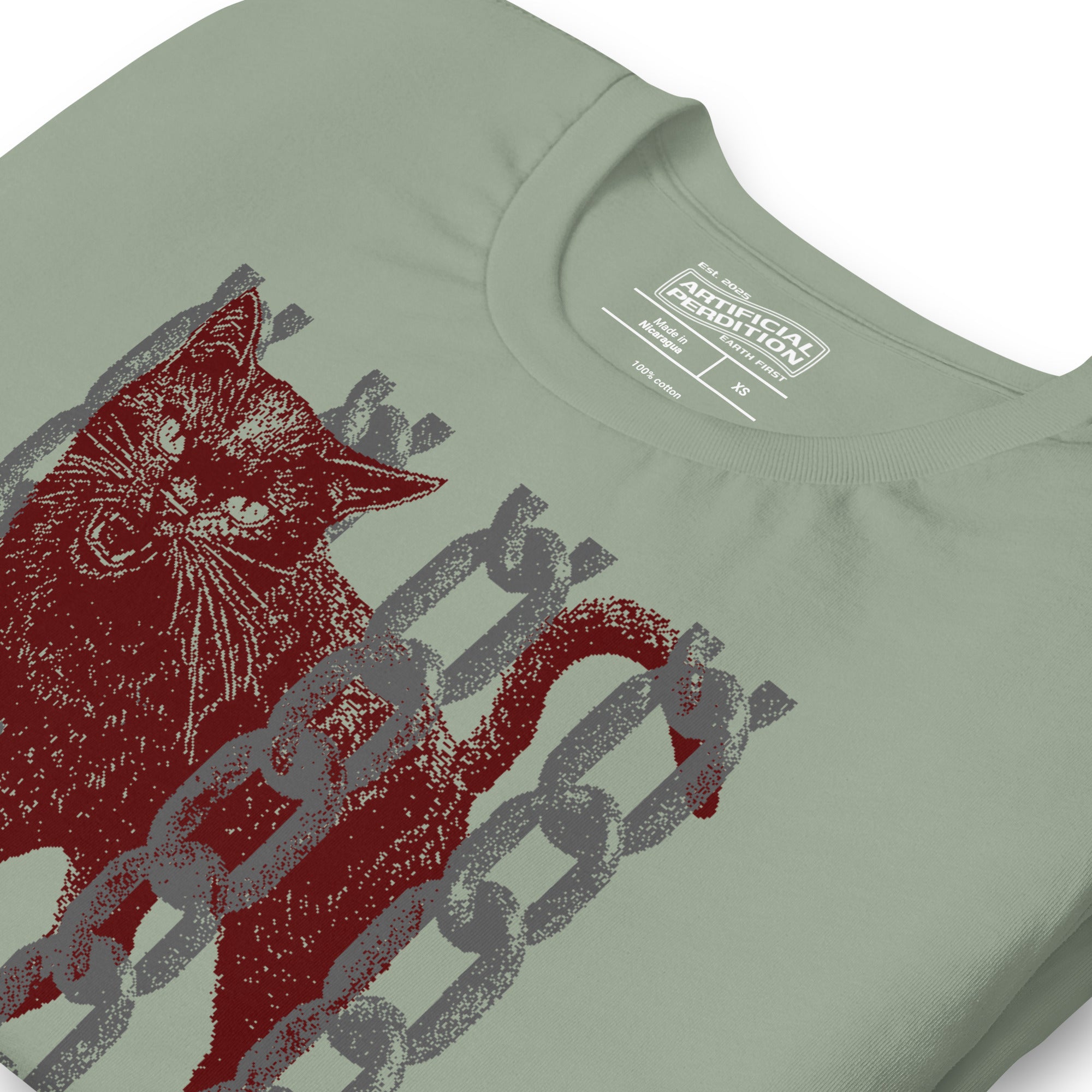 Product mockupSnarling cat breaking through chains with UNGOVERNABLE text, dithered halftone red on cream, Artificial Perdition apparel