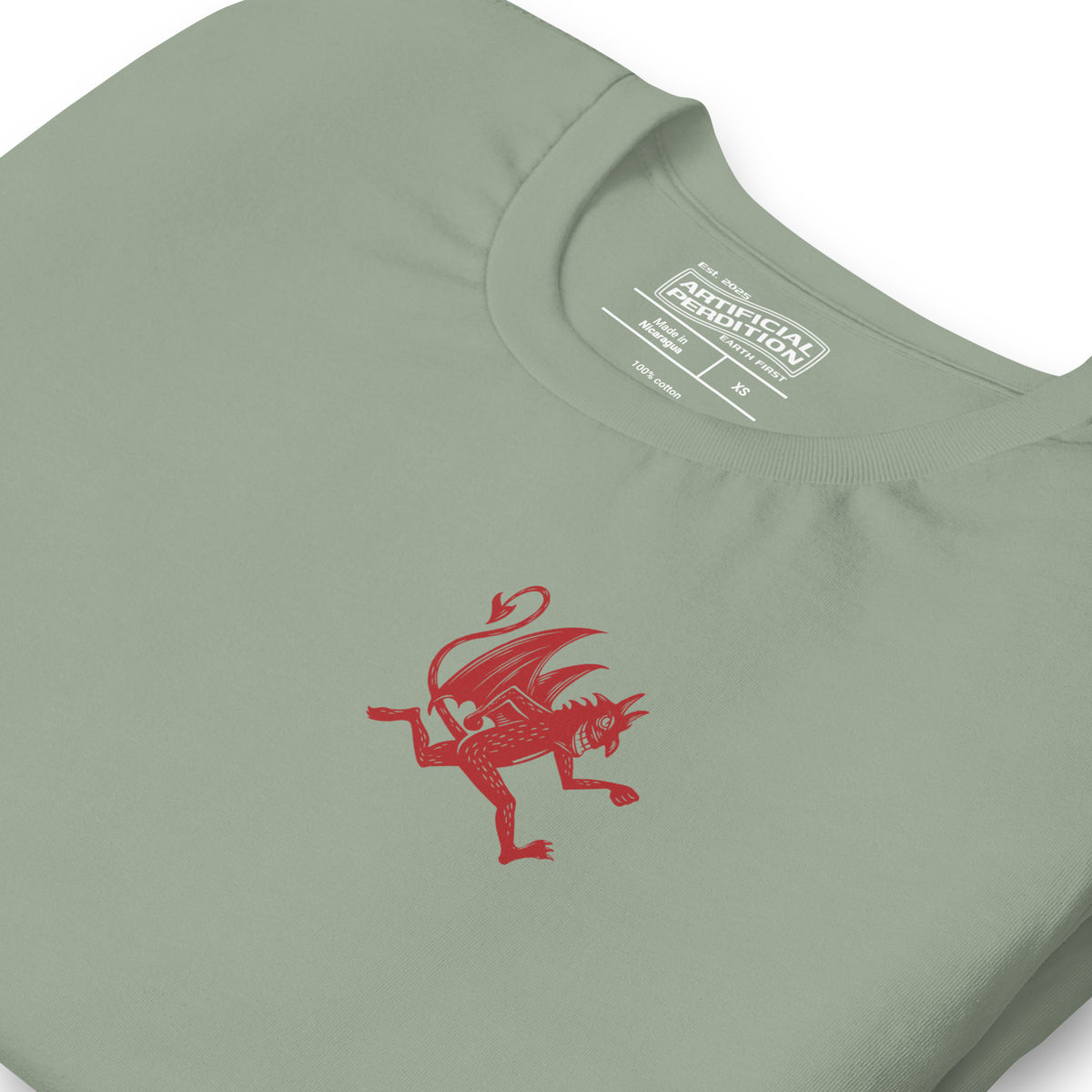 Artificial Perdition devil mascot, red illustrated devil mid-stride with trident and brand name, hand-drawn style on black, official logo tee
