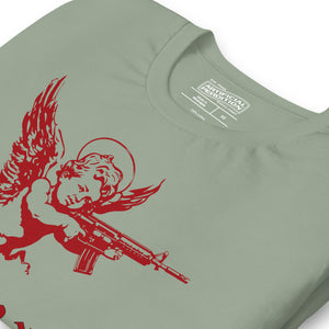 Red cherub angel with halo aiming rifle above blackletter True Love text, dark ironic tattoo flash style, Artificial Perdition apparel