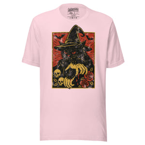 Black cat in witch hat with vampire fangs and skeletal dripping claws, skulls and roses flanking, bats in red sky, horror tattoo flash style, Artificial Perdition