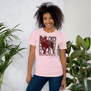 Product mockupSnarling cat breaking through chains with UNGOVERNABLE text, dithered halftone red on cream, Artificial Perdition apparel