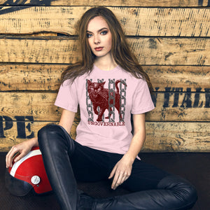 Product mockupSnarling cat breaking through chains with UNGOVERNABLE text, dithered halftone red on cream, Artificial Perdition apparel