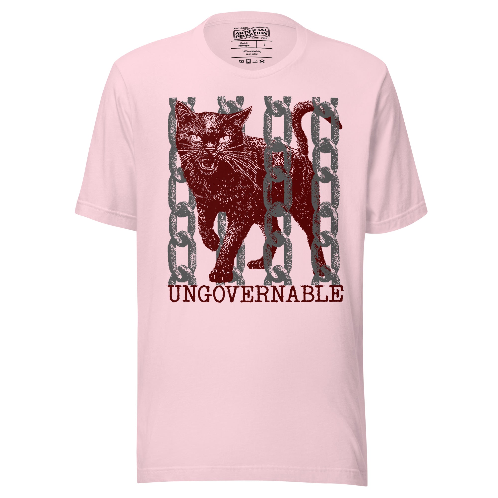 Product mockupSnarling cat breaking through chains with UNGOVERNABLE text, dithered halftone red on cream, Artificial Perdition apparel