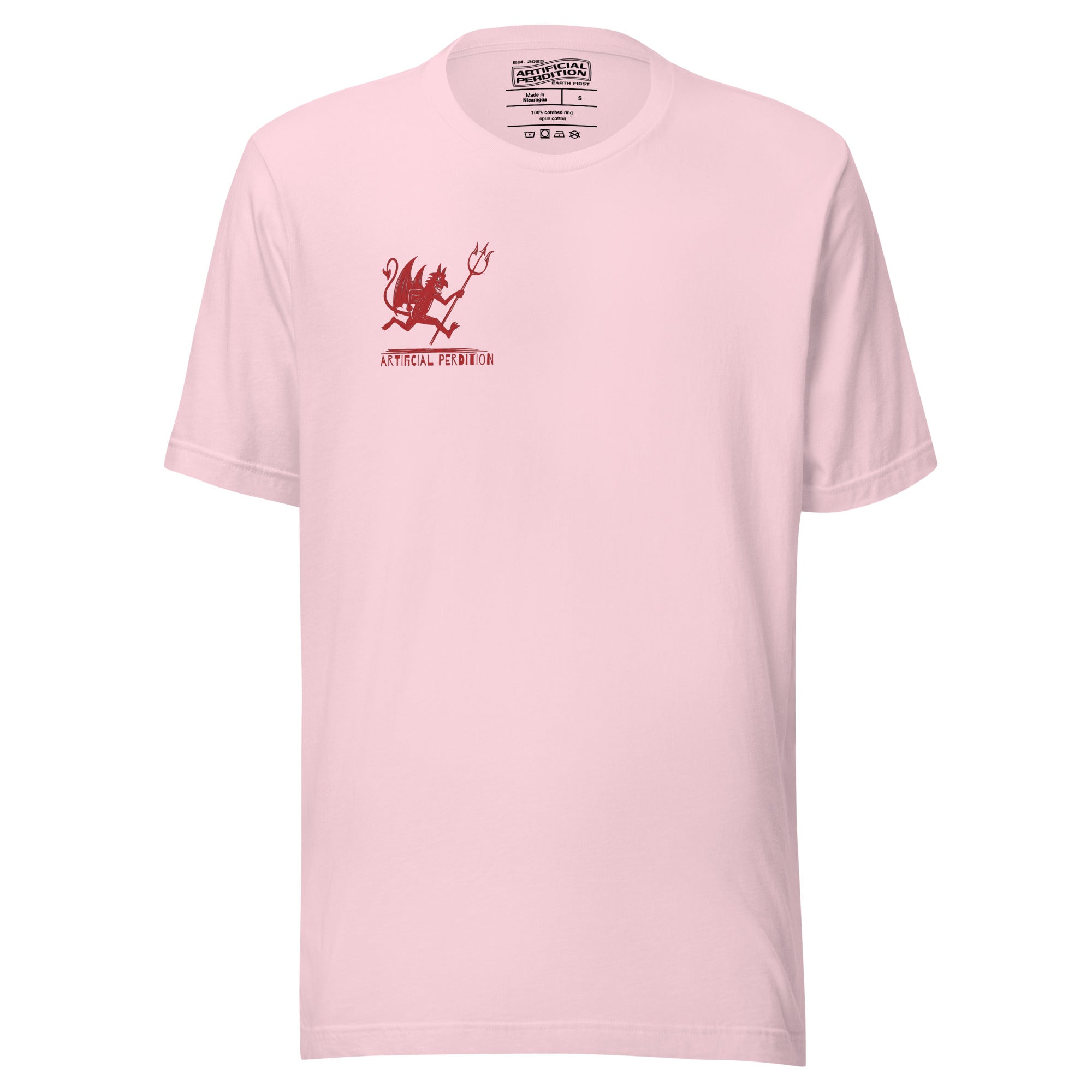 Artificial Perdition devil mascot, red illustrated devil mid-stride with trident and brand name, hand-drawn style on black, official logo tee