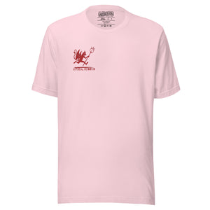 Artificial Perdition devil mascot, red illustrated devil mid-stride with trident and brand name, hand-drawn style on black, official logo tee