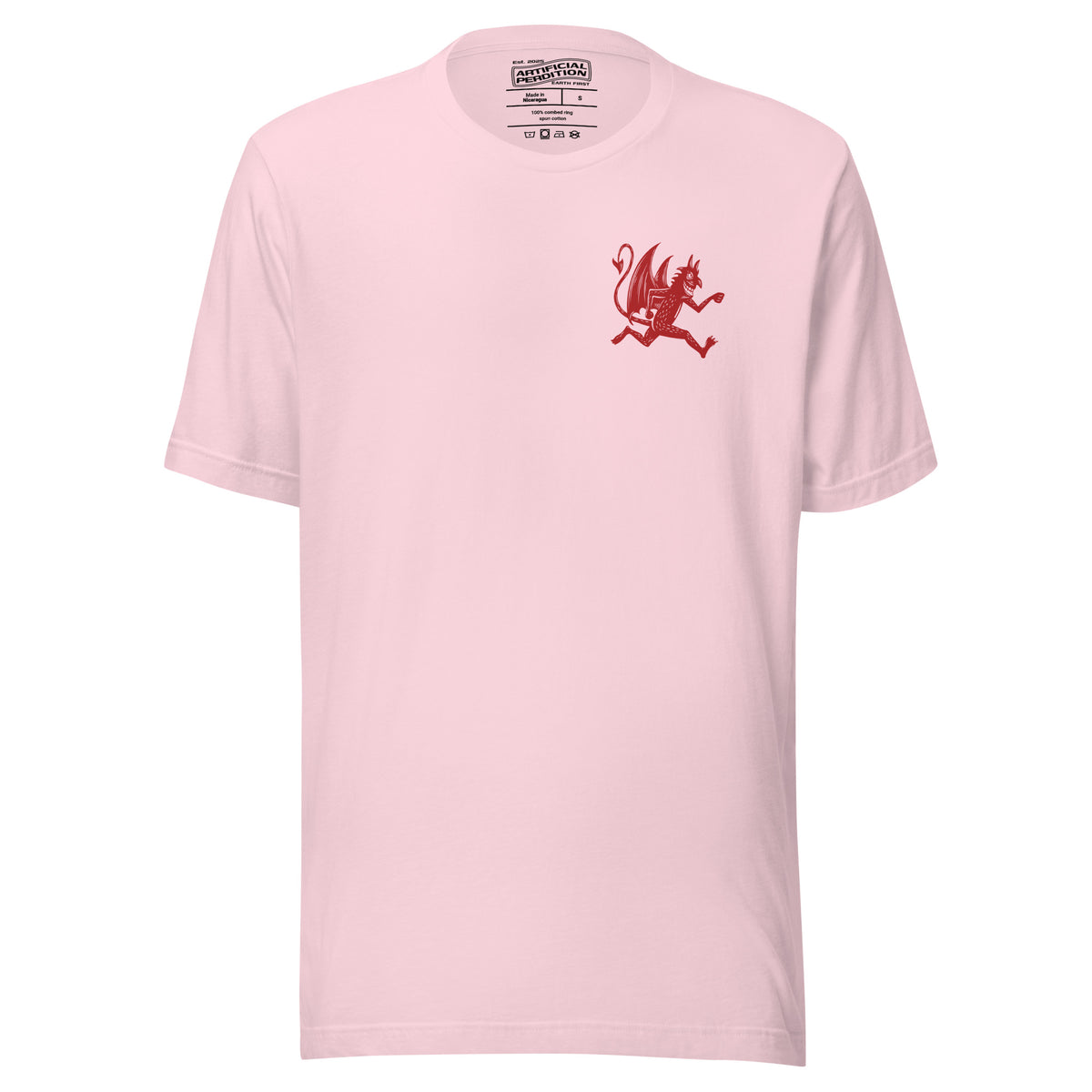 Artificial Perdition devil mascot, red illustrated devil mid-stride with trident and brand name, hand-drawn style on black, official logo tee