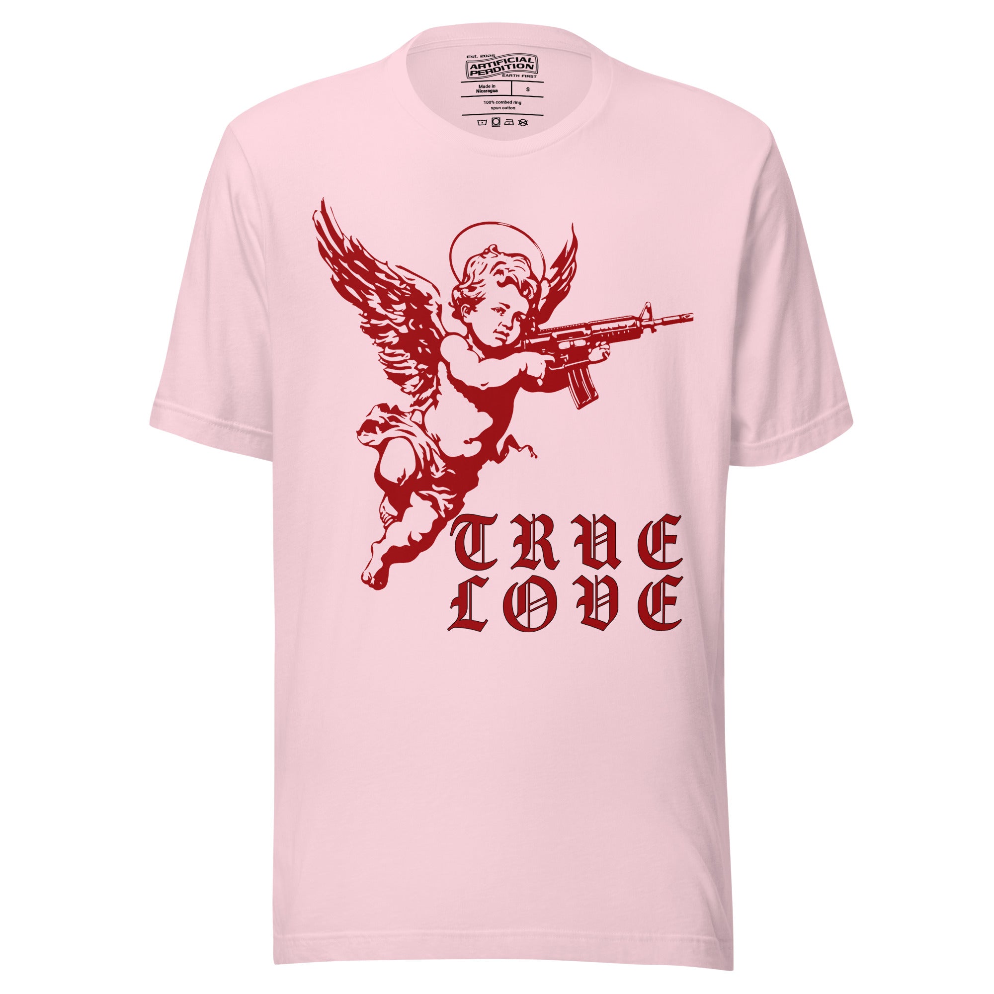 Red cherub angel with halo aiming rifle above blackletter True Love text, dark ironic tattoo flash style, Artificial Perdition apparel