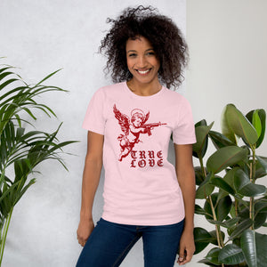 Red cherub angel with halo aiming rifle above blackletter True Love text, dark ironic tattoo flash style, Artificial Perdition apparel