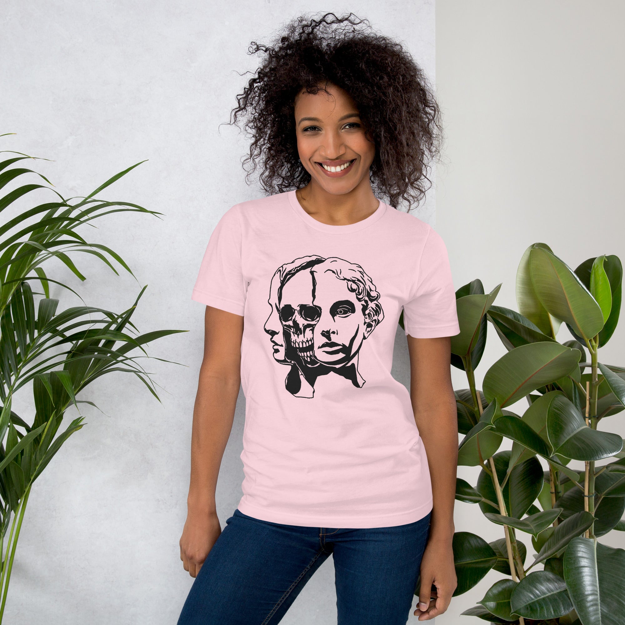 Split face illustration, half classical sculpture bust and half skull, black and white high contrast, Dead Inside, Artificial Perdition apparel