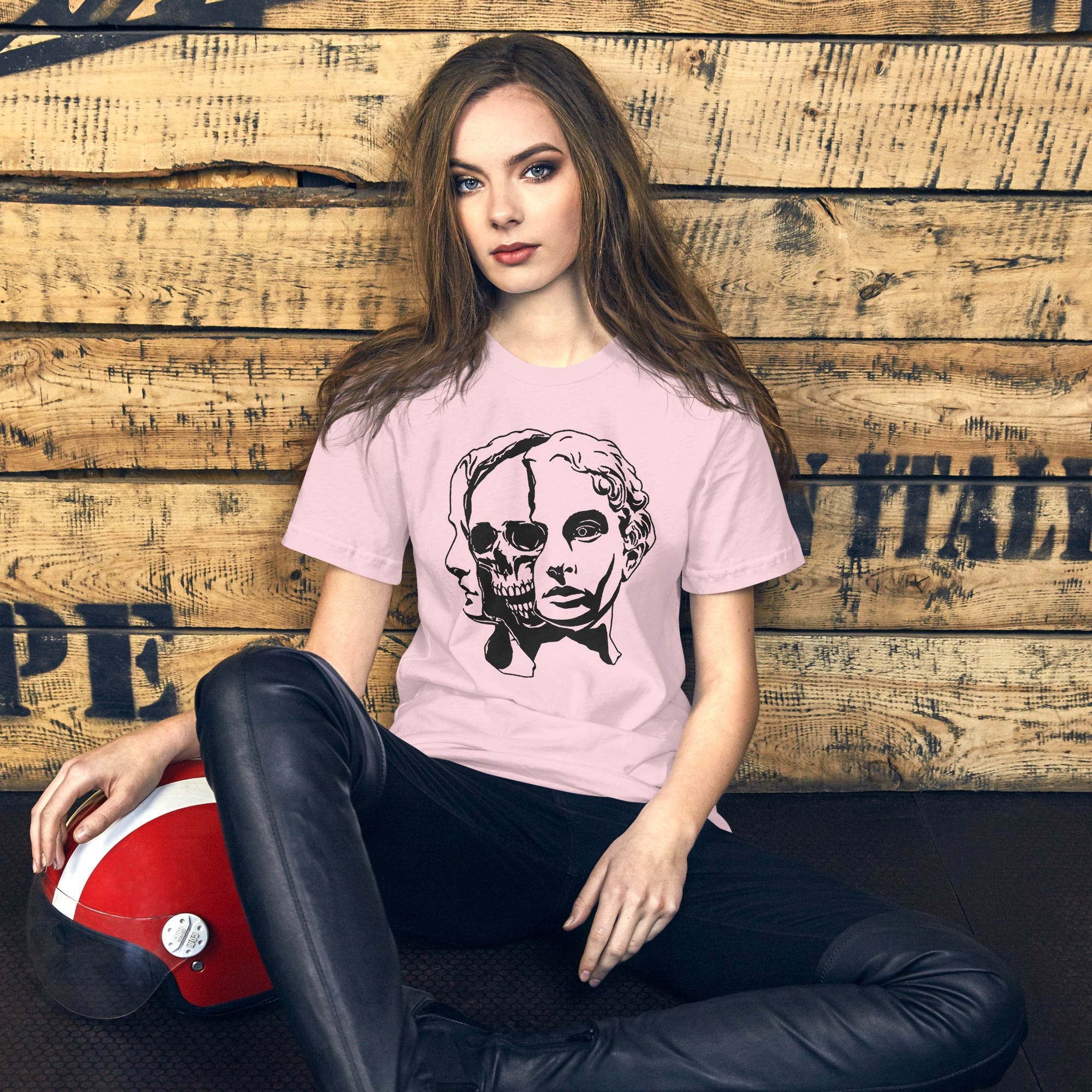 Split face illustration, half classical sculpture bust and half skull, black and white high contrast, Dead Inside, Artificial Perdition apparel