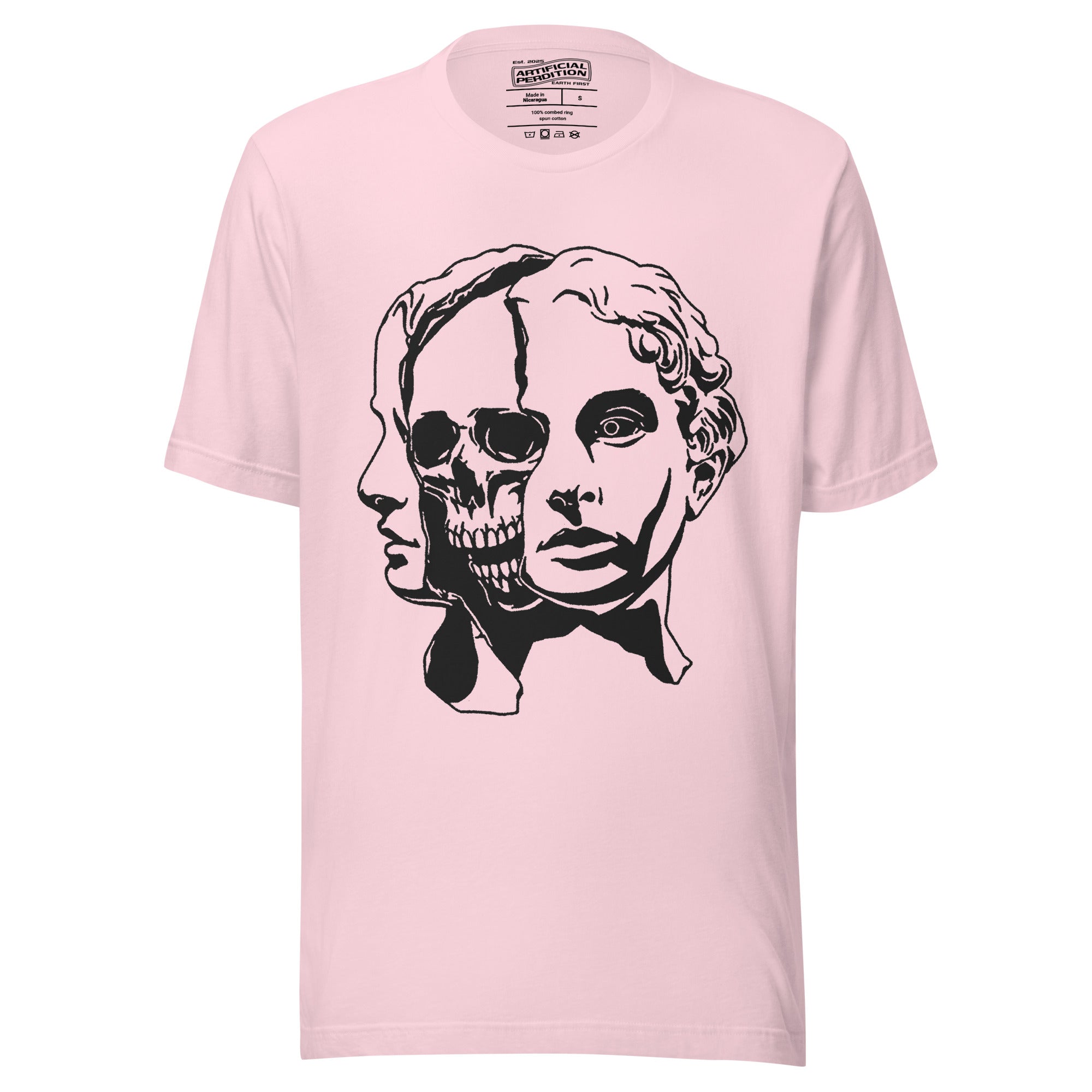 Split face illustration, half classical sculpture bust and half skull, black and white high contrast, Dead Inside, Artificial Perdition apparel