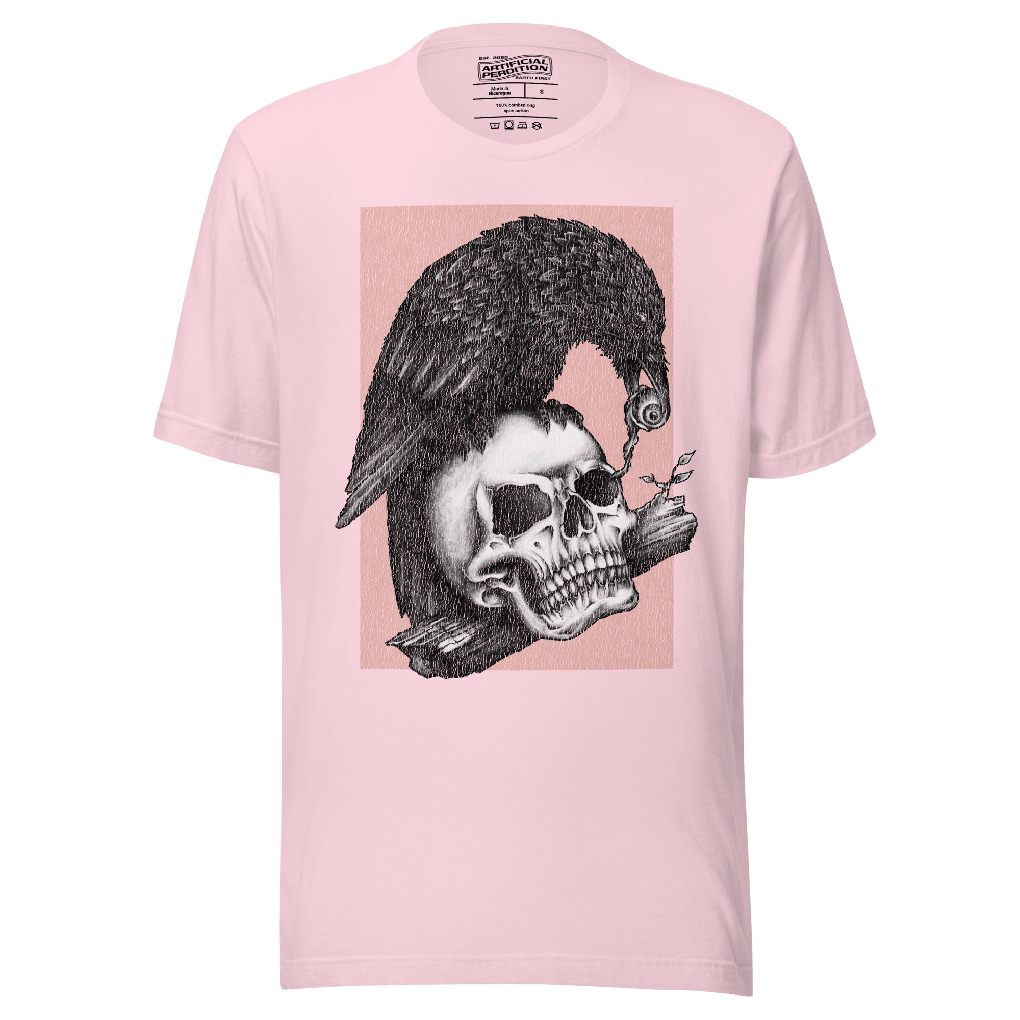 Graphite illustration of a black corvid perched on a human skull removing the eye, sprouting branch beside it, Last Look, Artificial Perdition apparel