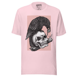 Graphite illustration of a black corvid perched on a human skull removing the eye, sprouting branch beside it, Last Look, Artificial Perdition apparel