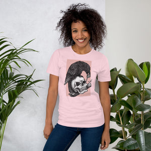 Graphite illustration of a black corvid perched on a human skull removing the eye, sprouting branch beside it, Last Look, Artificial Perdition apparel