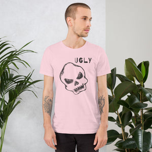 Crude hand-drawn skull with mismatched eye sockets and UGLY text in the upper corner, anti-polish graphic design, Artificial Perdition apparel