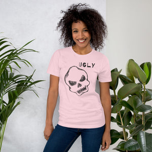 Crude hand-drawn skull with mismatched eye sockets and UGLY text in the upper corner, anti-polish graphic design, Artificial Perdition apparel