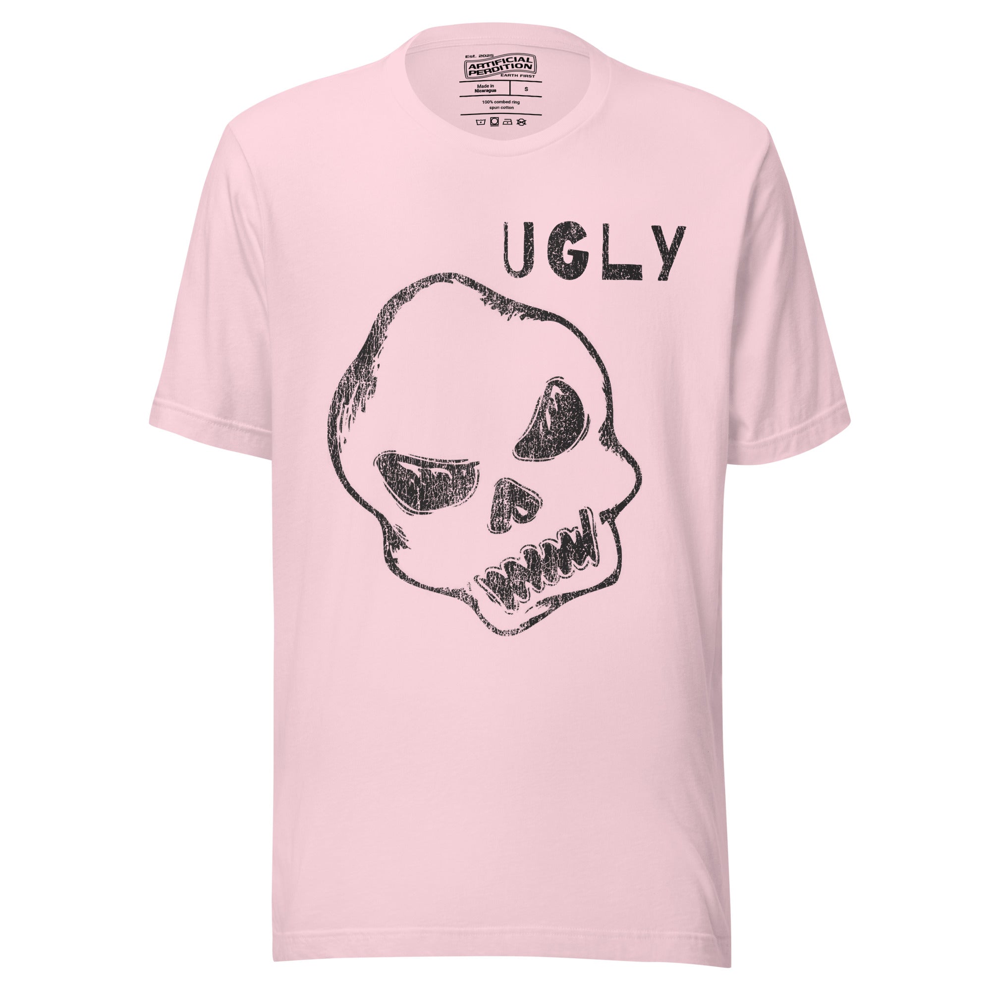 Crude hand-drawn skull with mismatched eye sockets and UGLY text in the upper corner, anti-polish graphic design, Artificial Perdition apparel