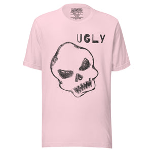 Crude hand-drawn skull with mismatched eye sockets and UGLY text in the upper corner, anti-polish graphic design, Artificial Perdition apparel