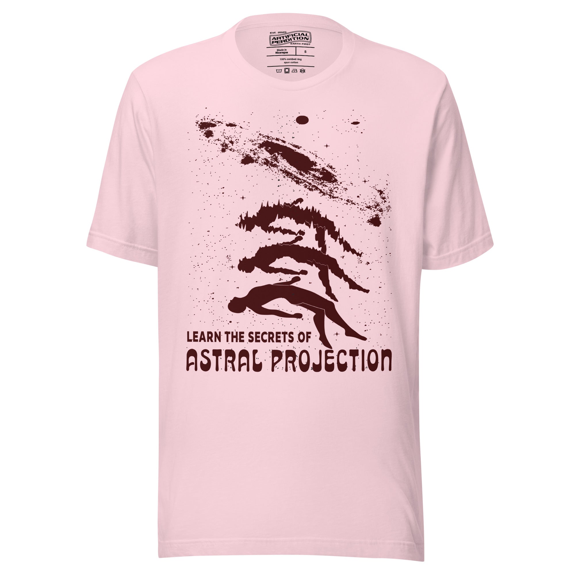 Three figures rising from a reclining body toward a spiral galaxy with Learn the Secrets of Astral Projection text, retro occult advertisement style, Artificial Perdition apparel