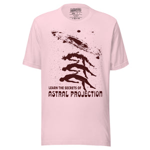 Three figures rising from a reclining body toward a spiral galaxy with Learn the Secrets of Astral Projection text, retro occult advertisement style, Artificial Perdition apparel