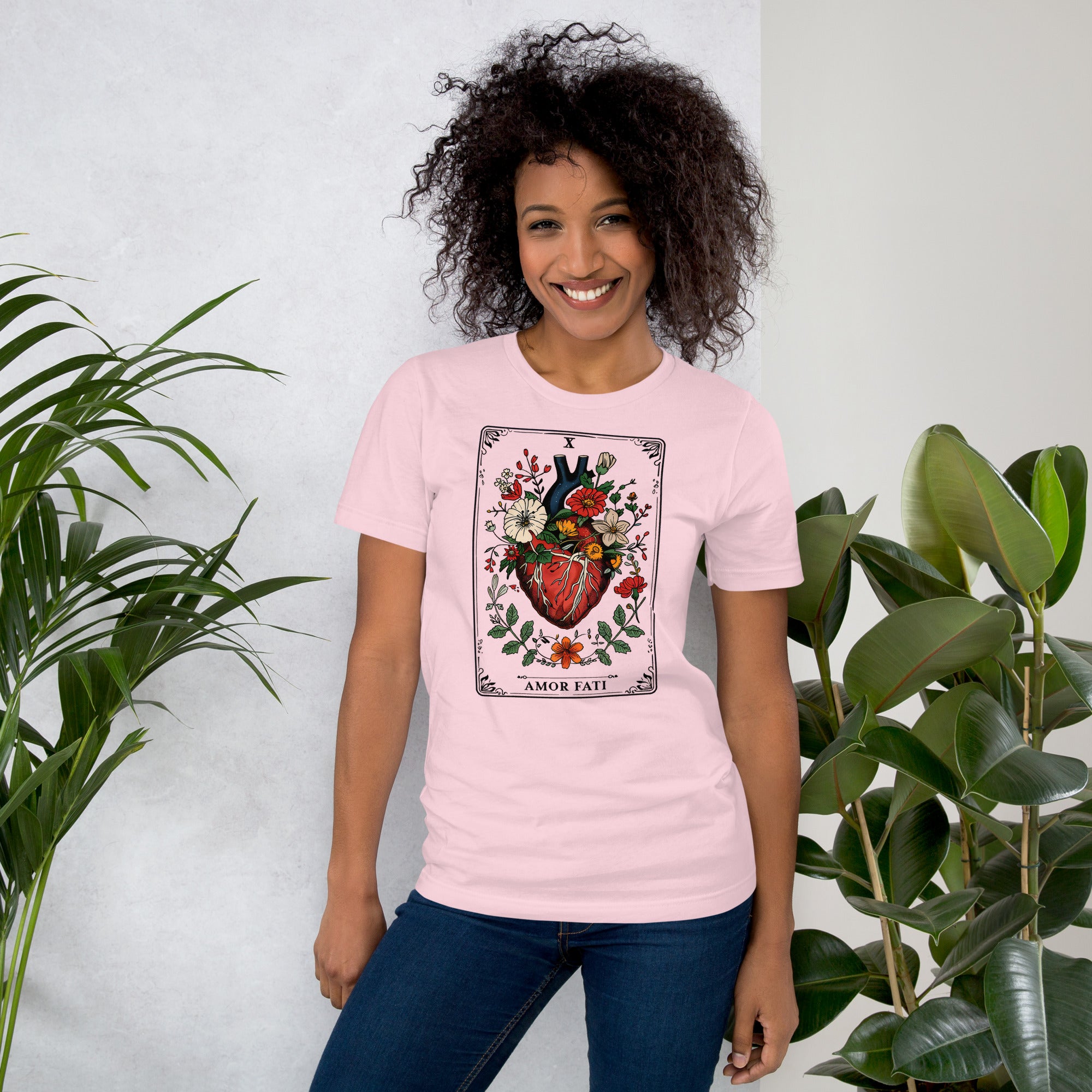Tarot card illustration numbered X with an anatomical heart in bloom surrounded by wildflowers and vines, Amor Fati, Artificial Perdition apparel