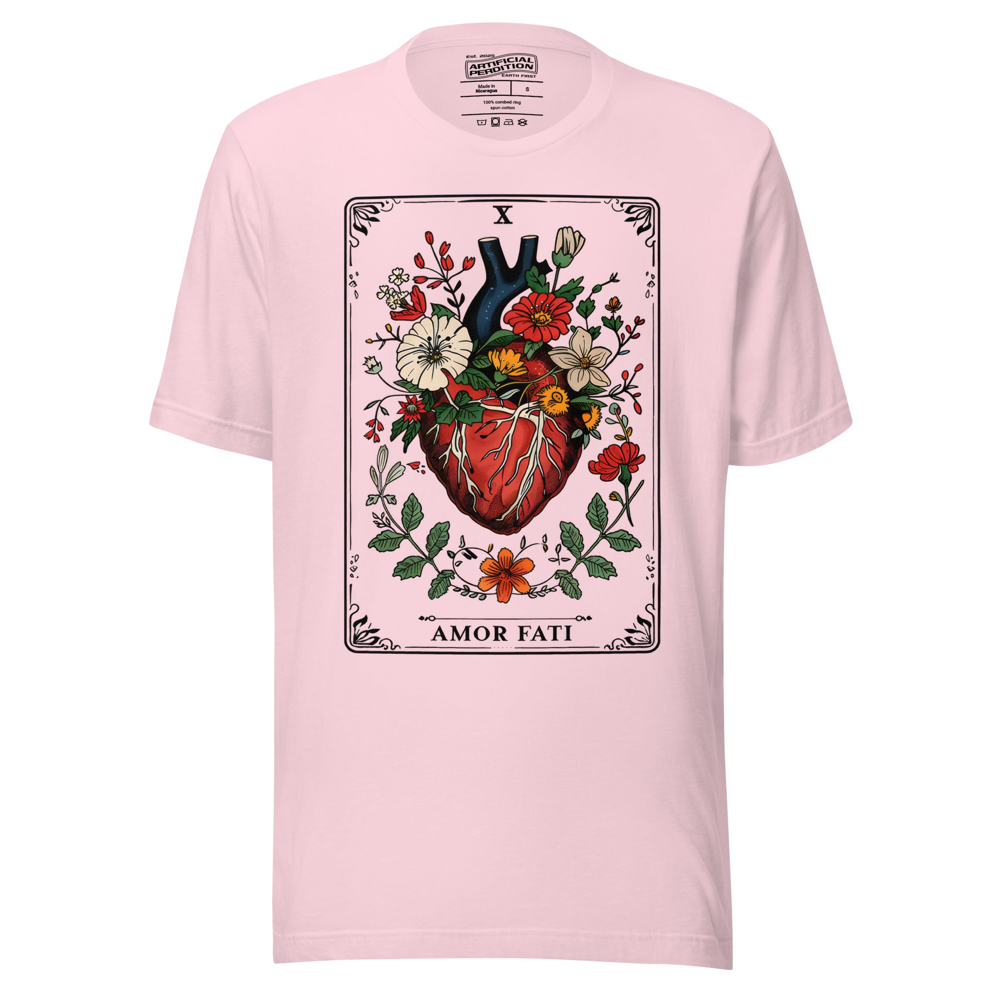 Tarot card illustration numbered X with an anatomical heart in bloom surrounded by wildflowers and vines, Amor Fati, Artificial Perdition apparel
