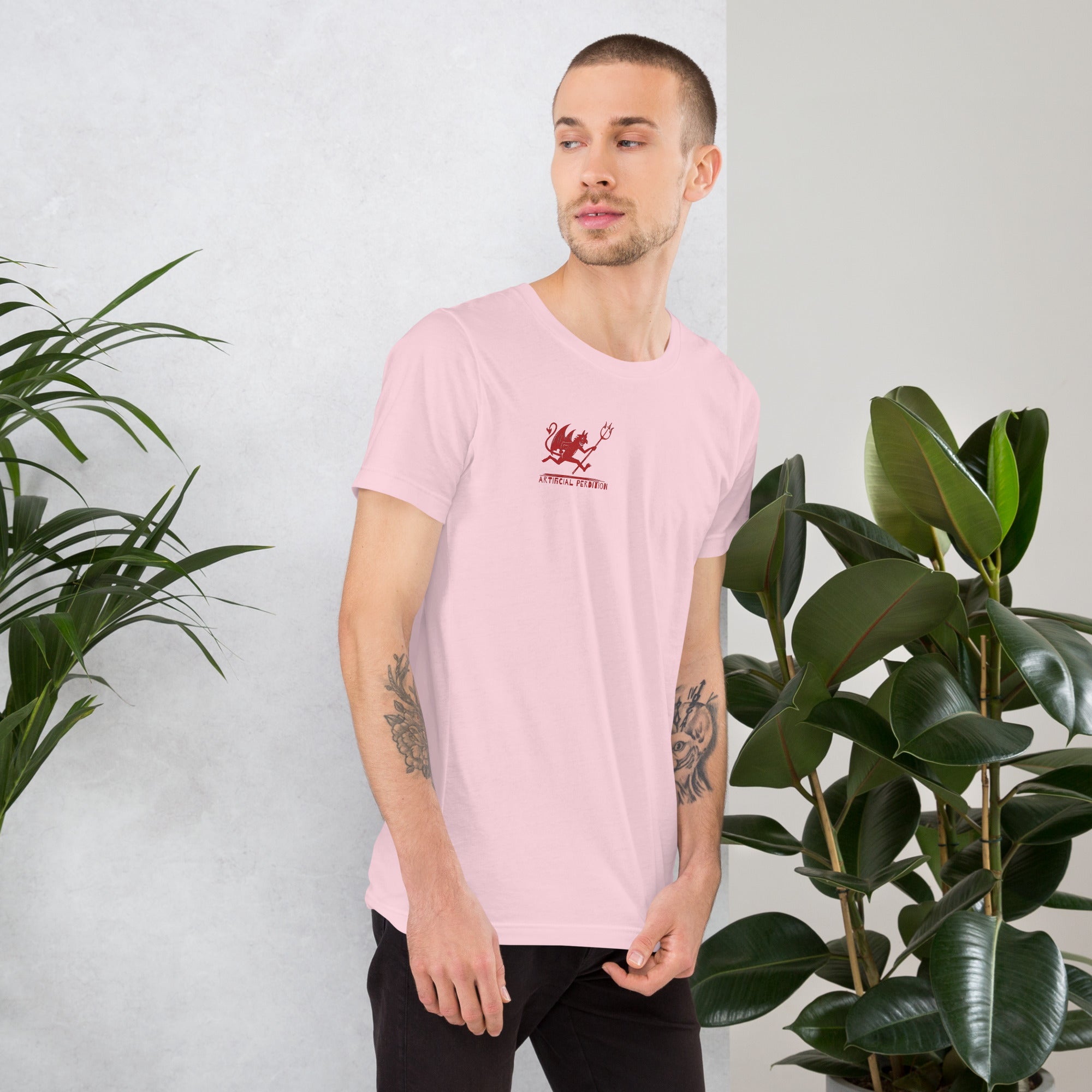 Artificial Perdition devil mascot, red illustrated devil mid-stride with trident and brand name, hand-drawn style on black, official logo tee